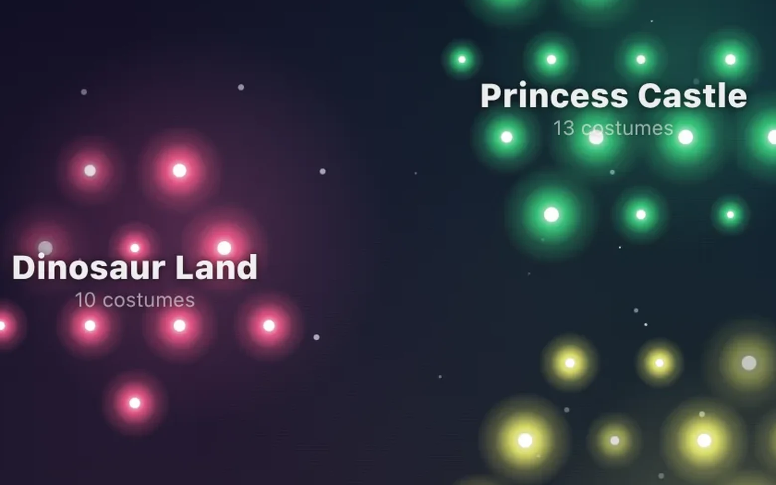 The costume galaxy: glowing star clusters of Dinosaur Land, Princess Castle, and more