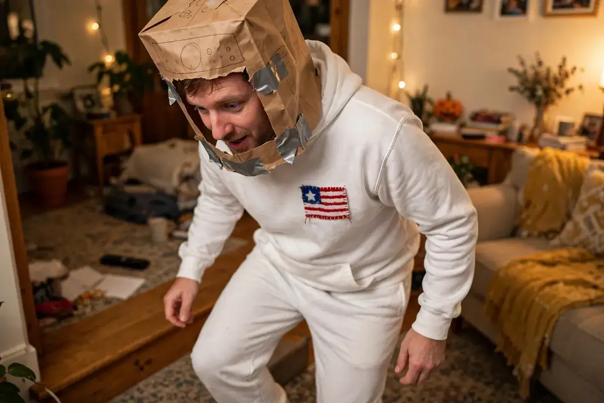 DIY astronaut costume built from white sweatshirt and sweatpants, large brown paper grocery bag, and silver duct tape
