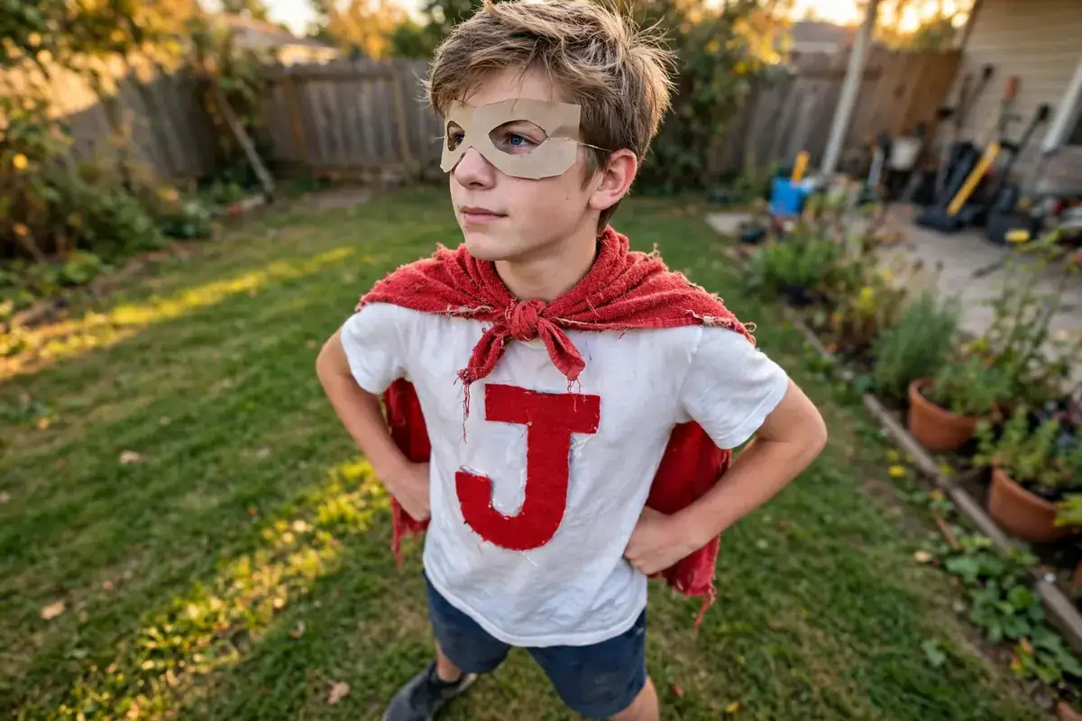 DIY backyard superhero costume built from old pillowcase or t-shirt, solid-color t-shirt to wear, and cardstock or foam letter