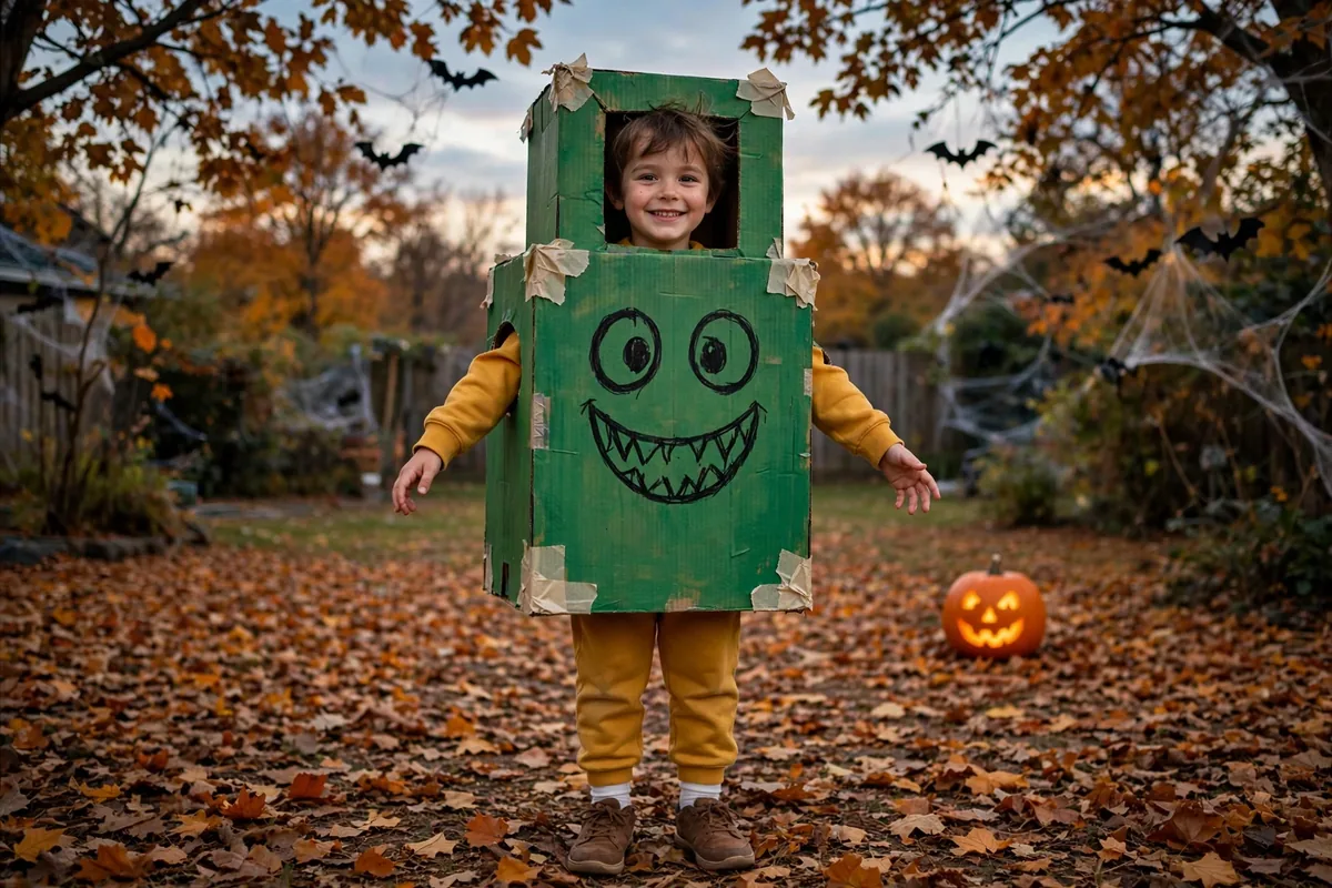 DIY block monster costume built from solid-color sweatsuit, any color, large cardboard box, and packing tape