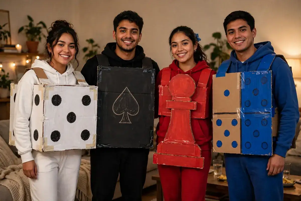 DIY board game pieces costume built from black or white monochrome clothes, large cardboard boxes, and white and black acrylic paint