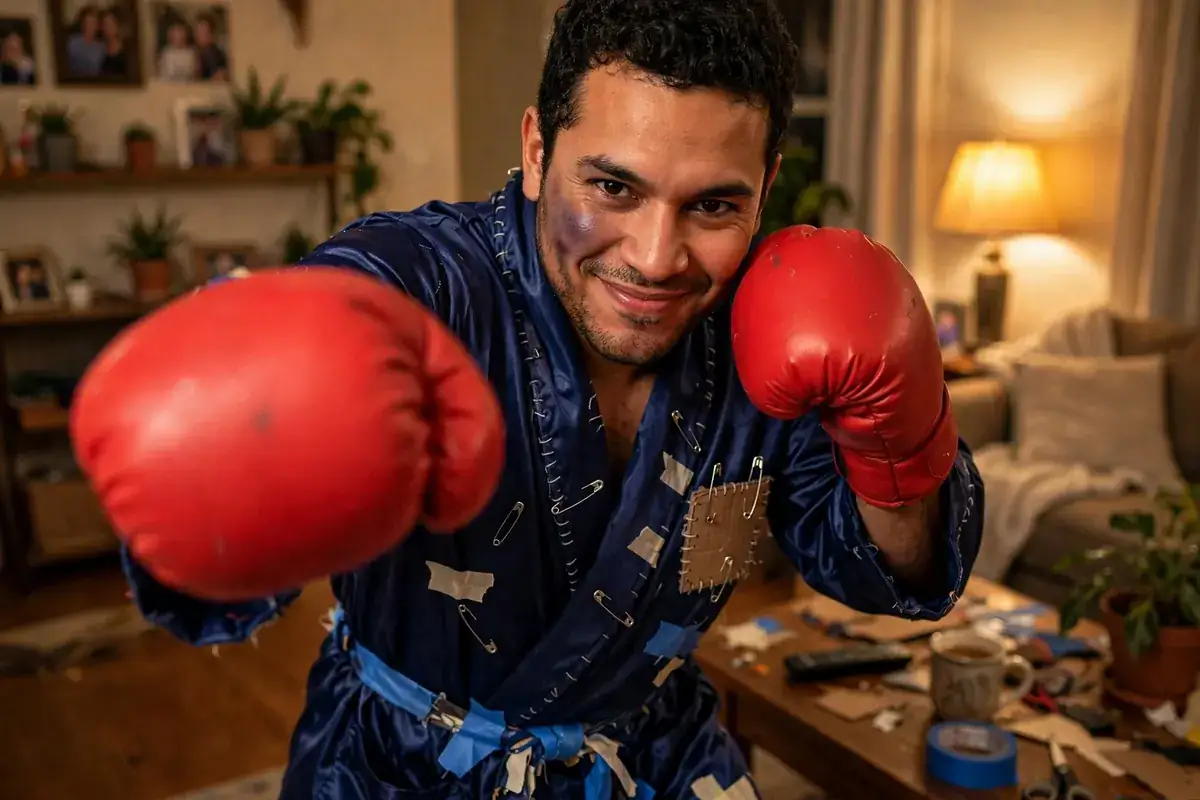 DIY boxer costume built from bathrobe, toy boxing gloves, and purple and yellow non-toxic face paint
