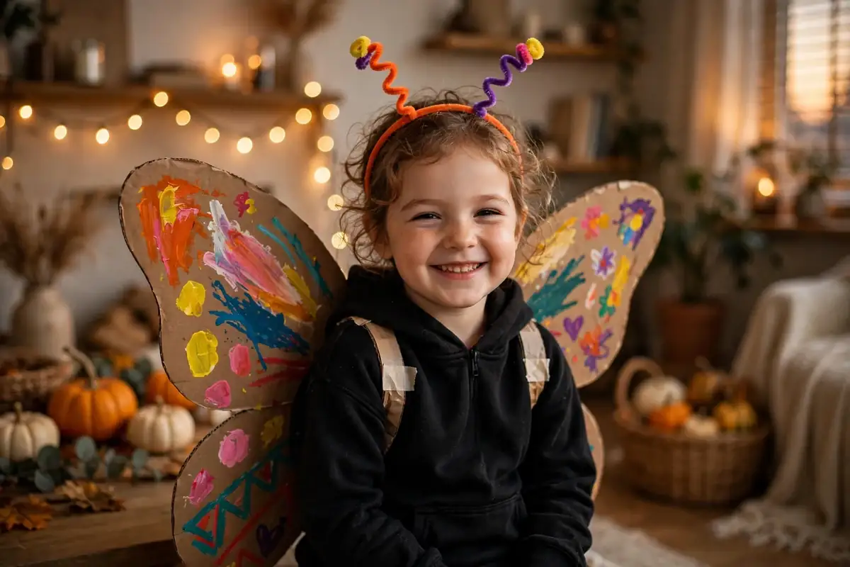 DIY butterfly costume built from large cardboard for wings, acrylic paint set, and black sweatsuit