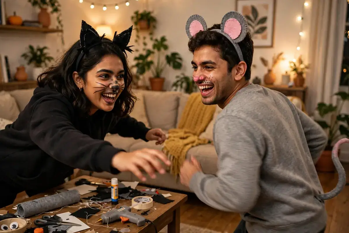 DIY cat & mouse costume built from headbands, black craft felt, and gray craft felt