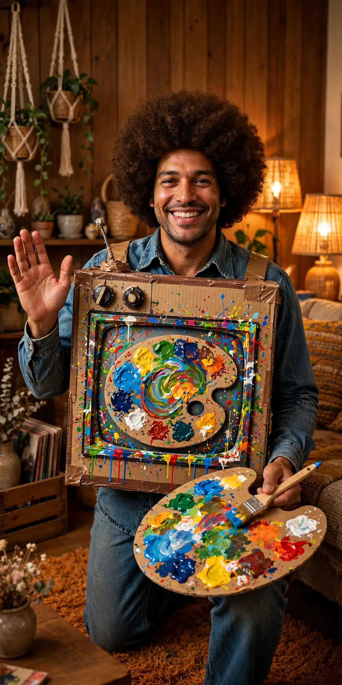 DIY chill painter with fro costume built from big brown afro wig, denim shirt, and jeans