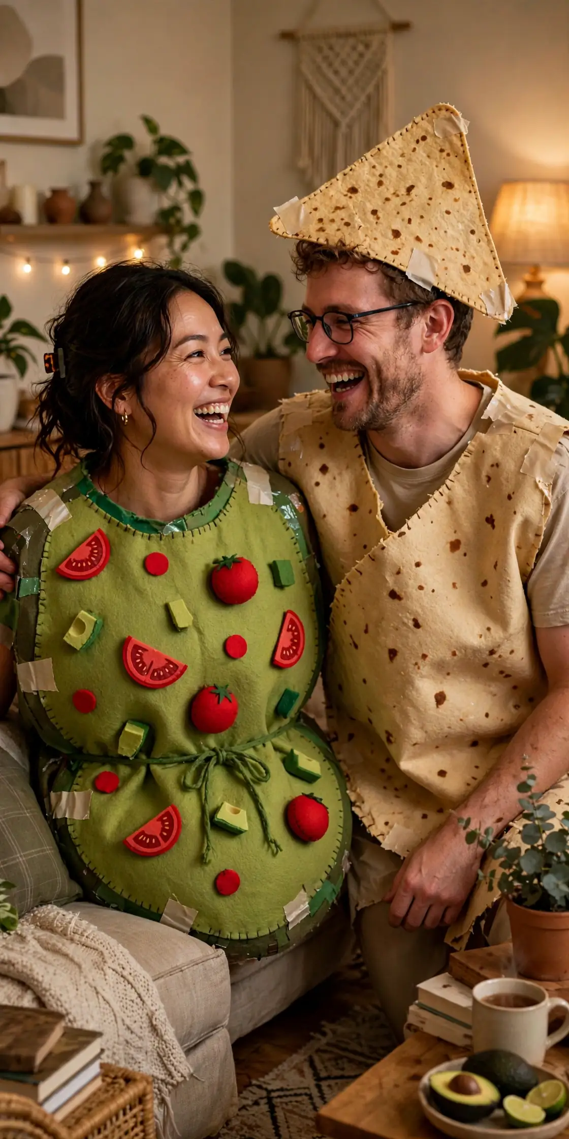 DIY chips & guac costume built from green t-shirt or tunic, tan t-shirt or tunic, and red craft felt