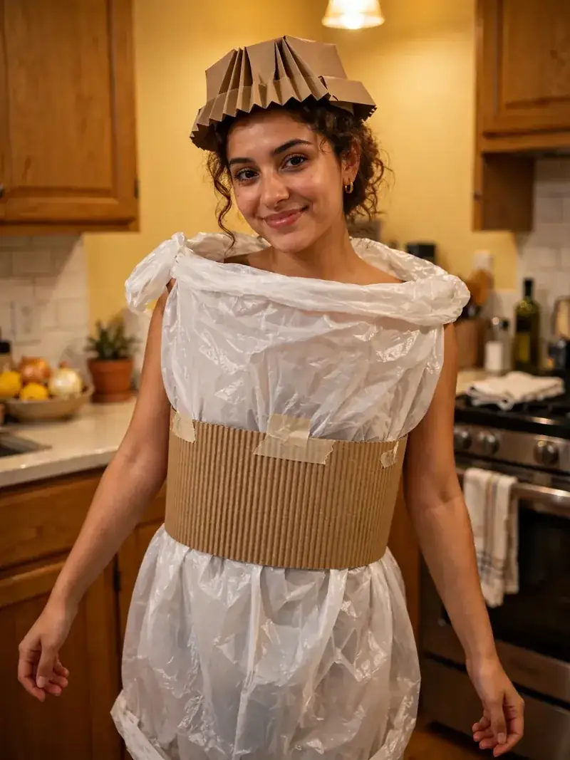 DIY coffee cup costume built from white trash bag or white sheet, cardboard tube or large cylinder, and brown paper or felt