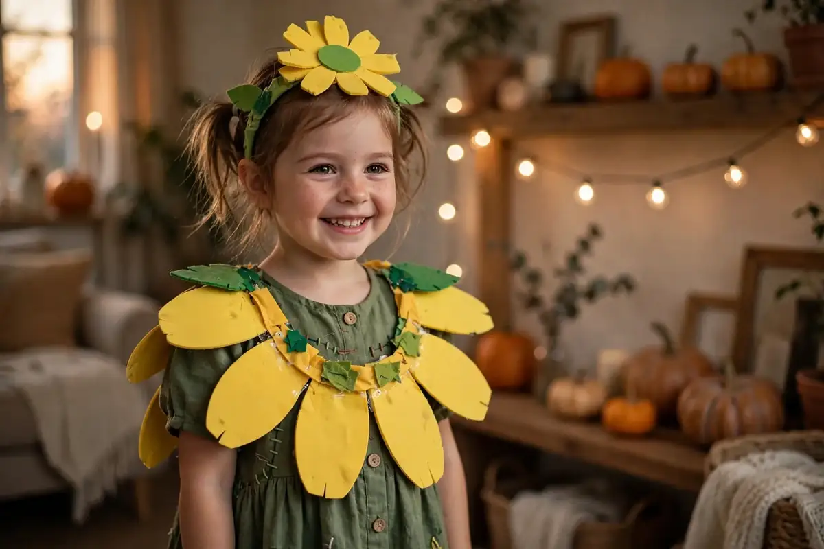 DIY daisy costume built from yellow craft foam sheets, brown craft foam, and green dress