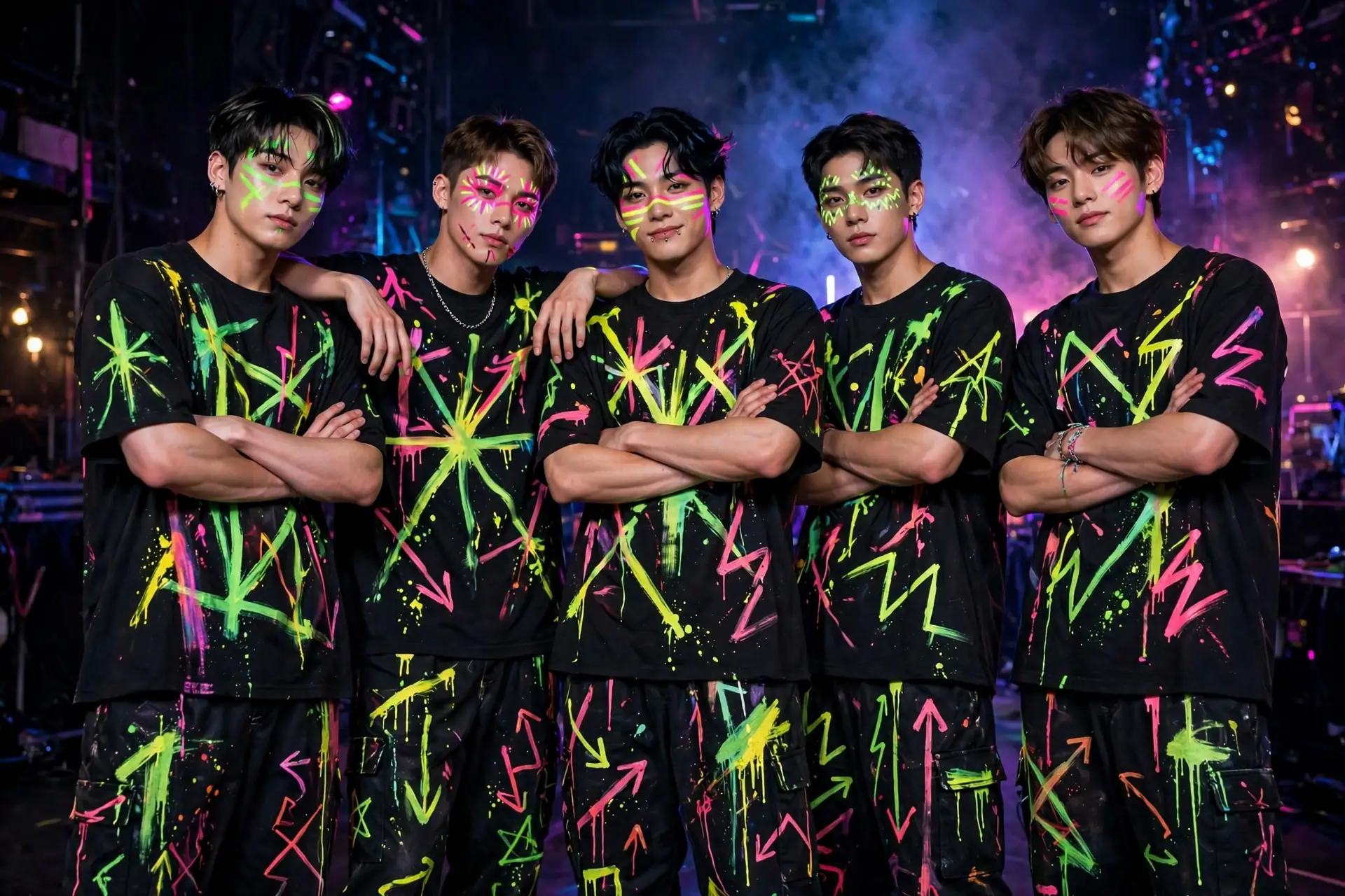 DIY demon boy band costume built from oversized black or white t-shirt per person, baggy pants per person, and neon fabric paint
