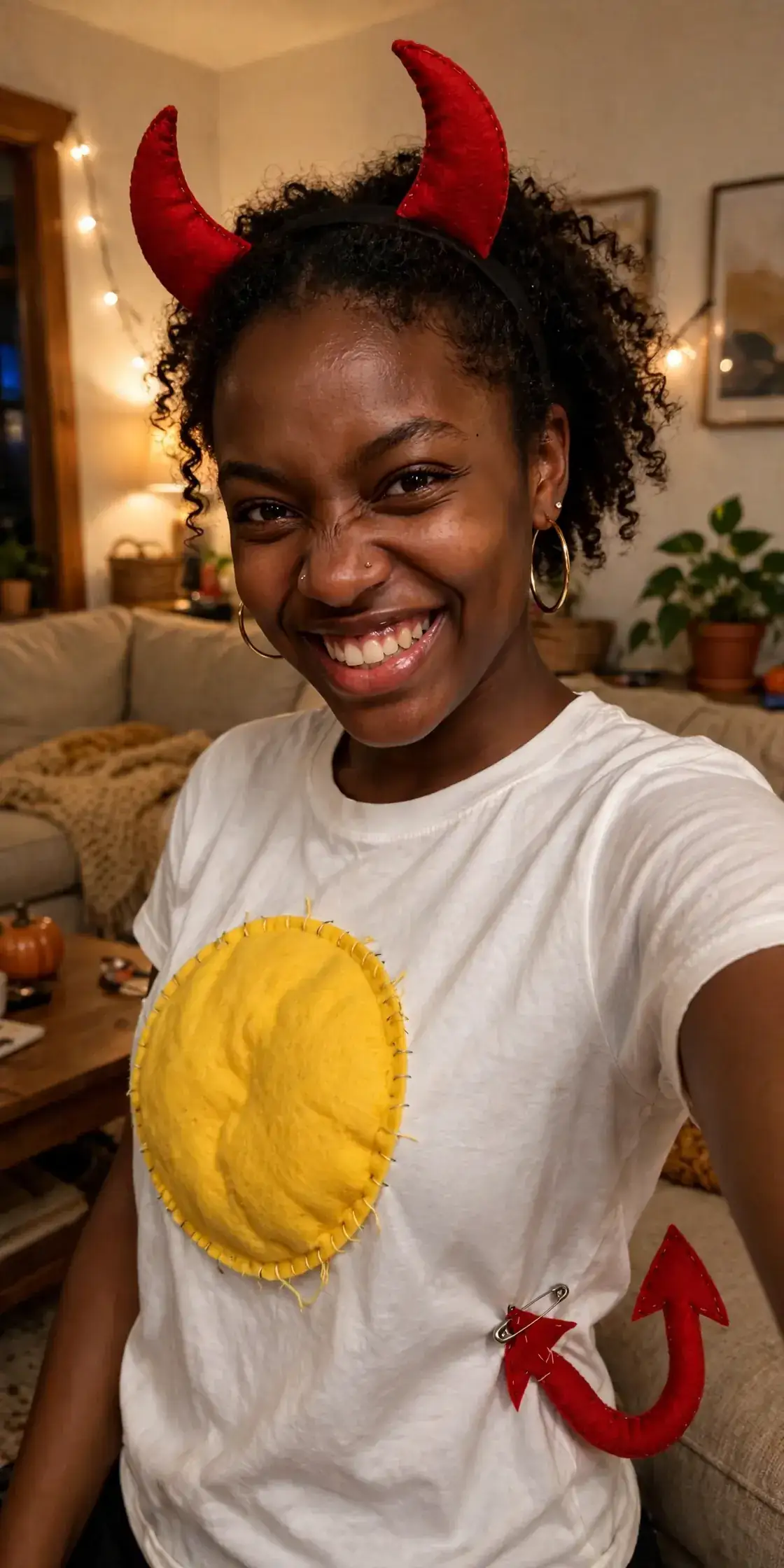 DIY deviled egg costume built from white t-shirt, yellow felt, and red felt