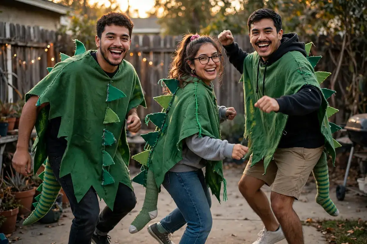DIY dino herd costume built from green poncho or green bedsheet per person, green felt per person, and old sock per person, white or colored