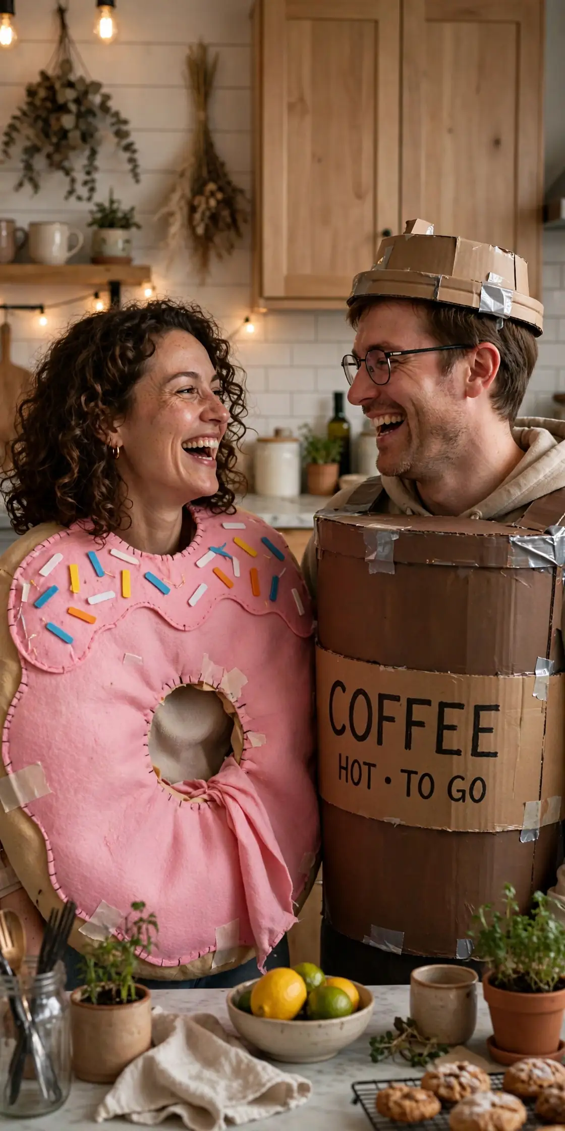 DIY donut & coffee costume built from white t-shirt, brown t-shirt, and pink craft felt