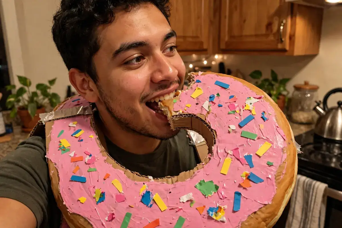 DIY donut costume built from large cardboard box, about 24x24 inches flat, pink paint, and felt sprinkles, 12 to 15 small pieces