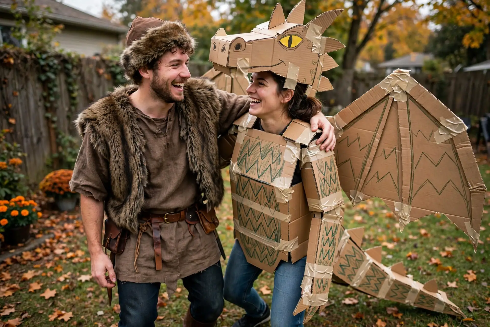 DIY dragon rider duo costume built from brown t-shirt and dark pants and gray felt, or old gray blanket