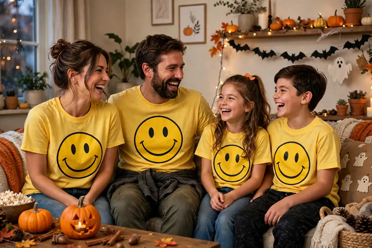 DIY emoji crew costume built from yellow t-shirt per person and large white paper plate, 10-inch, or cardboard circle per person