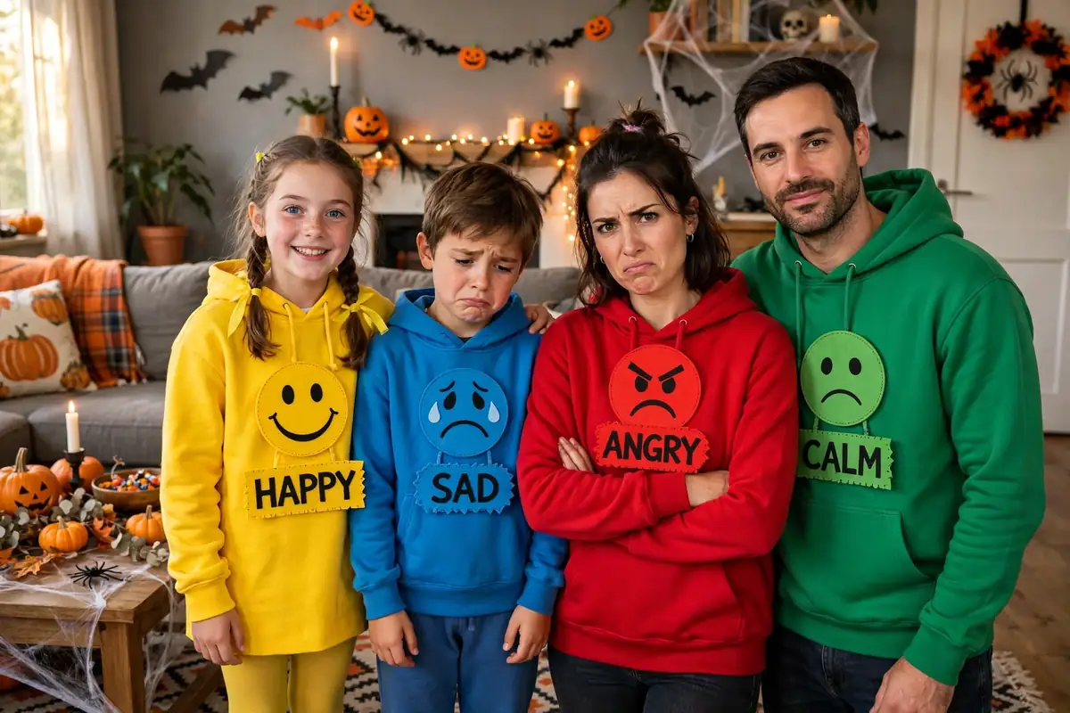 DIY emotion crew costume built from solid bright color outfit per person and face paint matching each outfit color