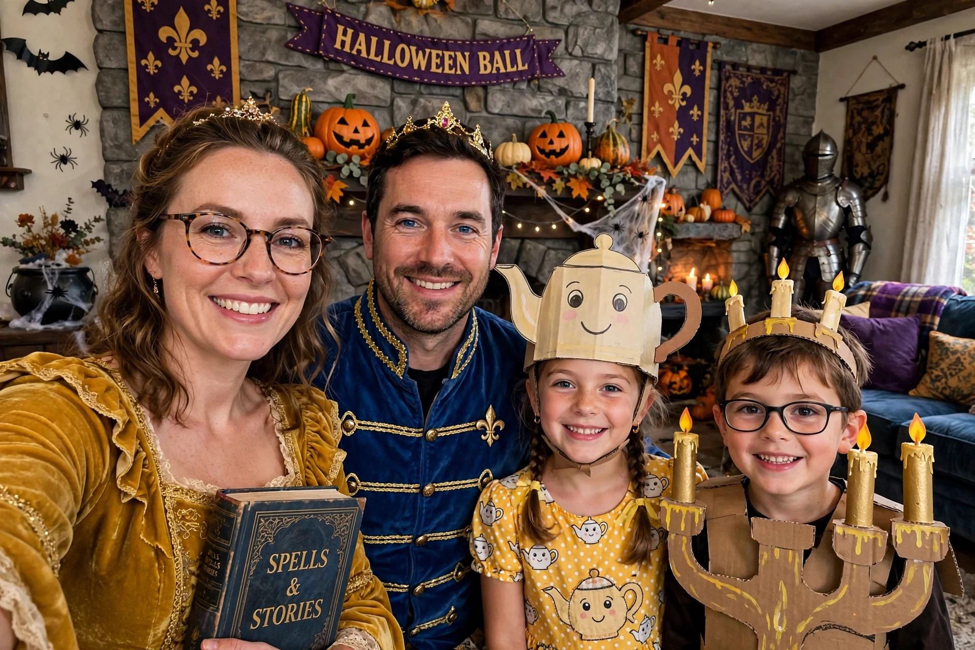 DIY enchanted castle crew costume built from yellow fabric, blue jacket and dark pants, and gold face paint and gold headband