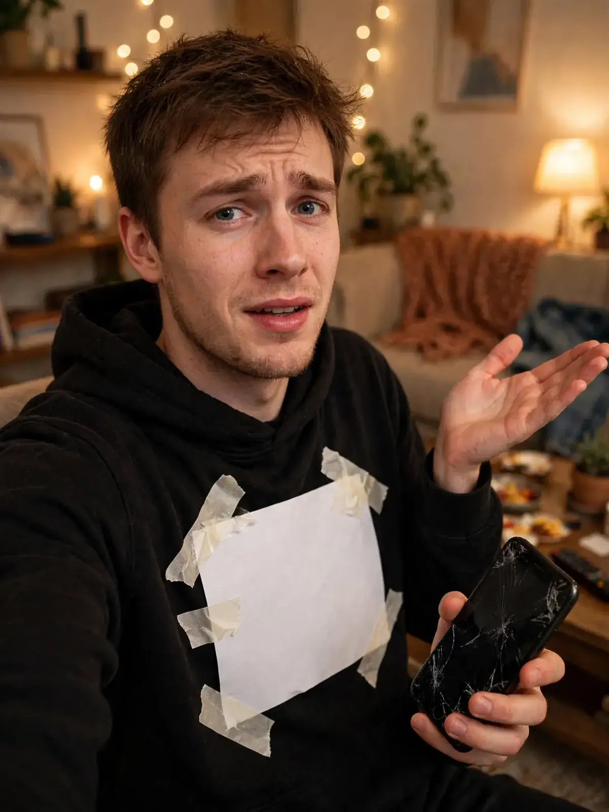 DIY error 404 costume built from black hoodie, black pants, and white paper, blank
