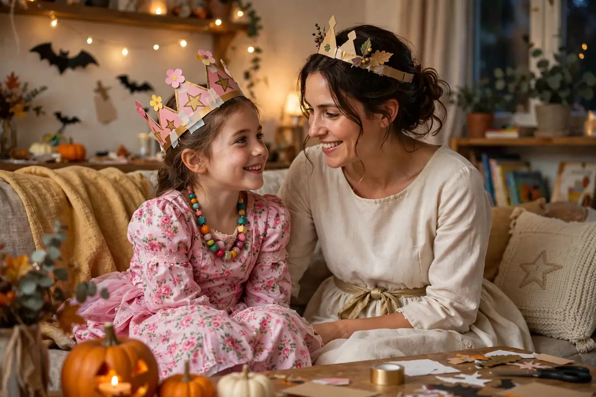 DIY fairy tale princesses costume built from dress from the closet per person, cereal box per crown, and gold or silver paint or markers