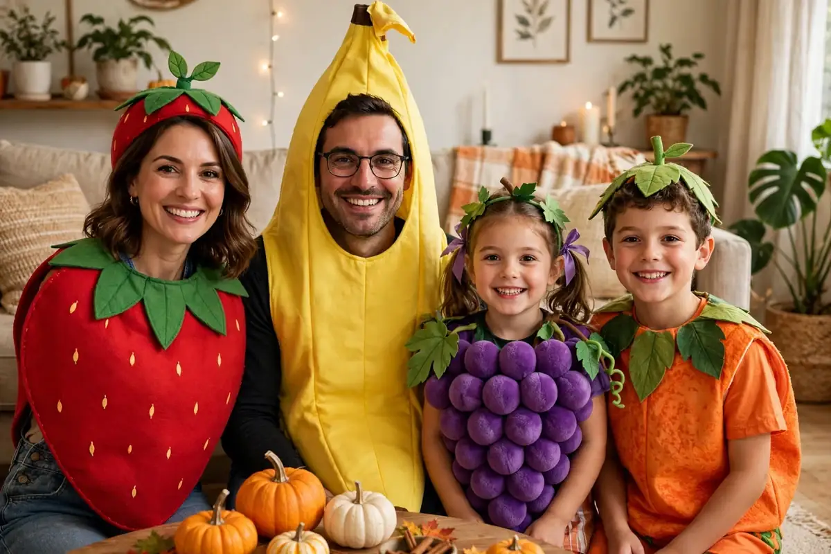 DIY fruit salad crew costume built from solid-color outfits in fruit colors, green felt for leaf hats, and headbands