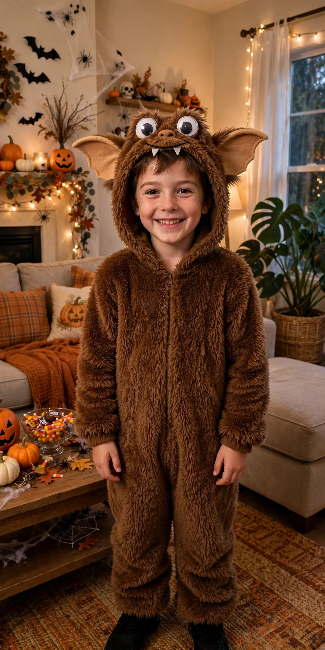 DIY fuzzy gremlin plush costume built from brown fuzzy onesie or footed pajamas, brown craft felt, and large googly eyes