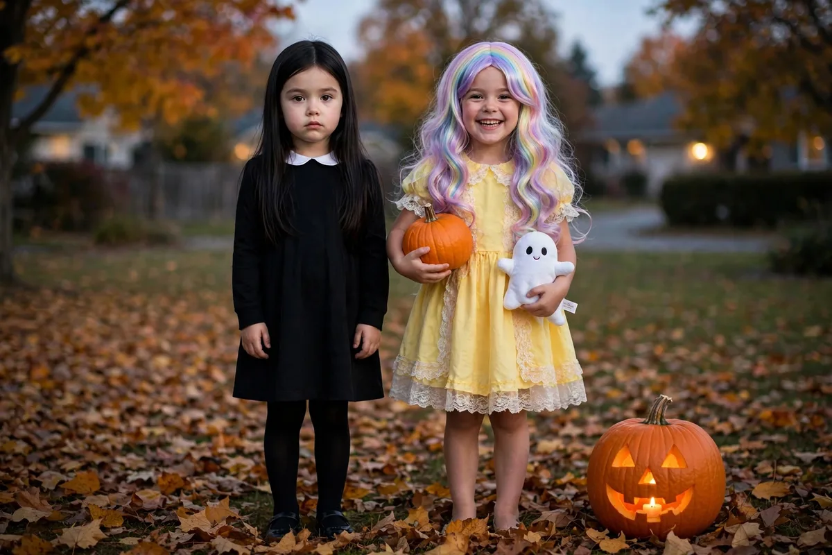 DIY gloom & bloom costume built from black clothes from the closet and colorful clothes from the closet