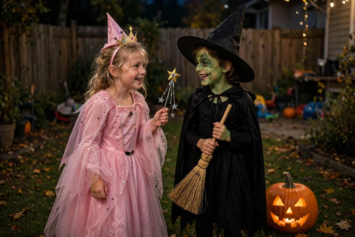 DIY good witch, bad witch costume built from black dress or set of black clothes and pink dress or set of pink clothes