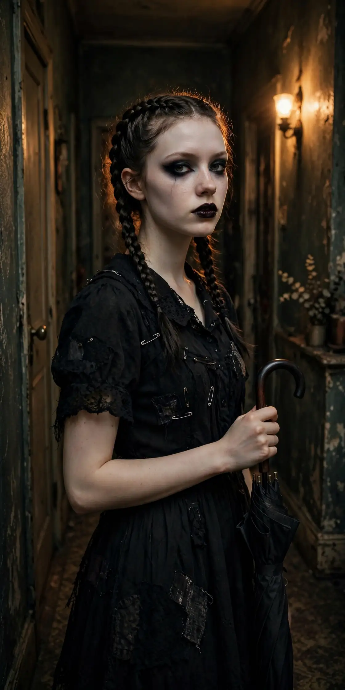 DIY goth girl with braids costume built from black dress, black tights, and hair ties