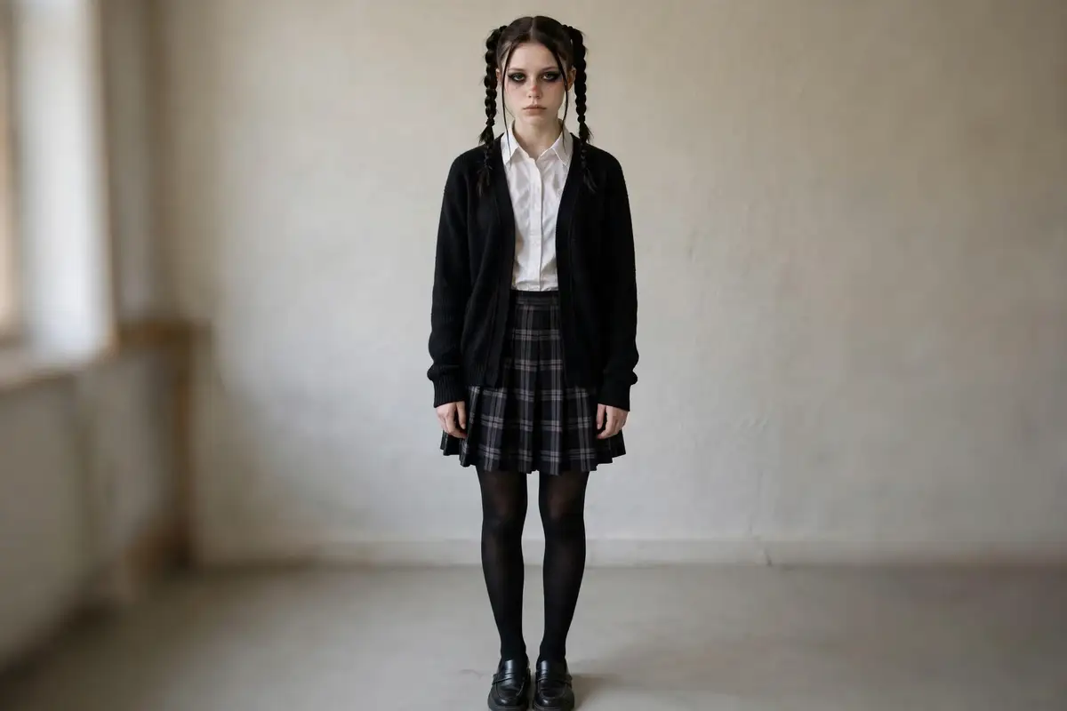 DIY goth schoolgirl costume built from plaid skirt or black skirt, white collared shirt, and black cardigan or sweater