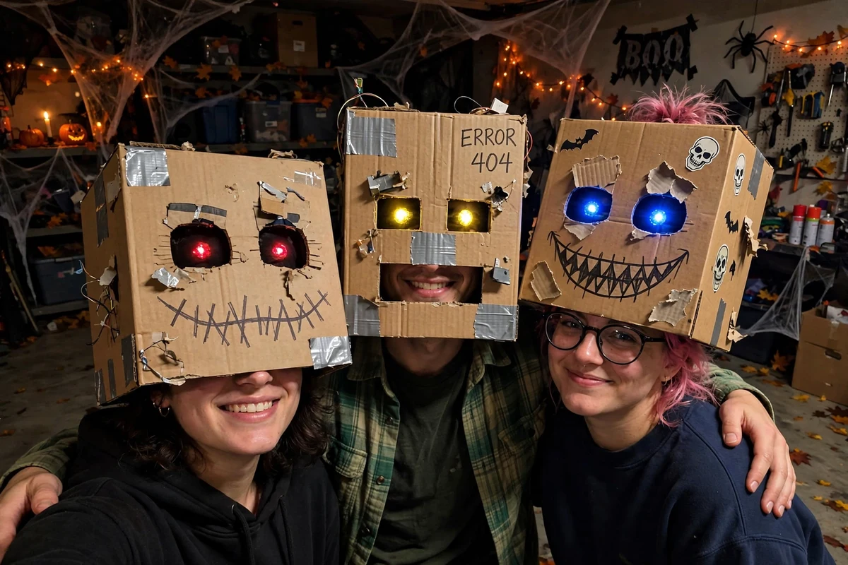 DIY haunted animatronics costume built from large cardboard box per person, big enough to cover the head and red LED tea lights per person