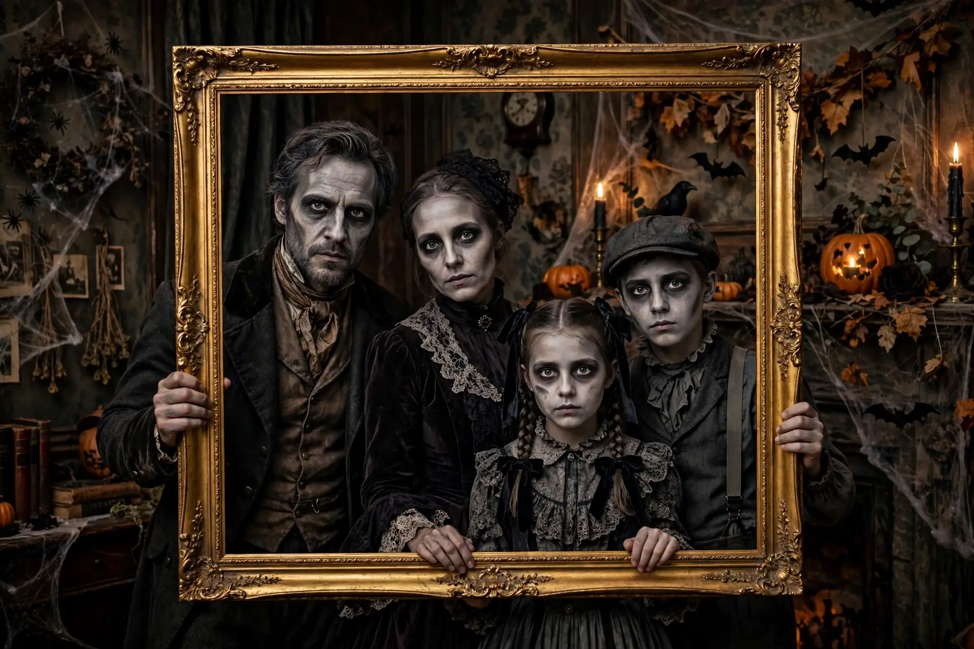 DIY haunted portraits costume built from old-fashioned dark clothes per person and gray and white face paint, non-toxic