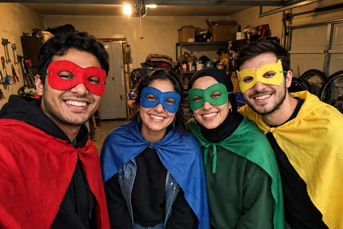 DIY hero squad costume built from cape per person in squad colors and mask per person matching the cape color