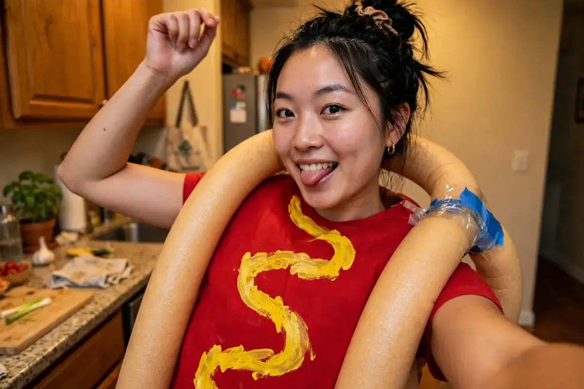 DIY hot dog costume built from red t-shirt, tan or beige foam pool noodle, and yellow fabric paint for mustard