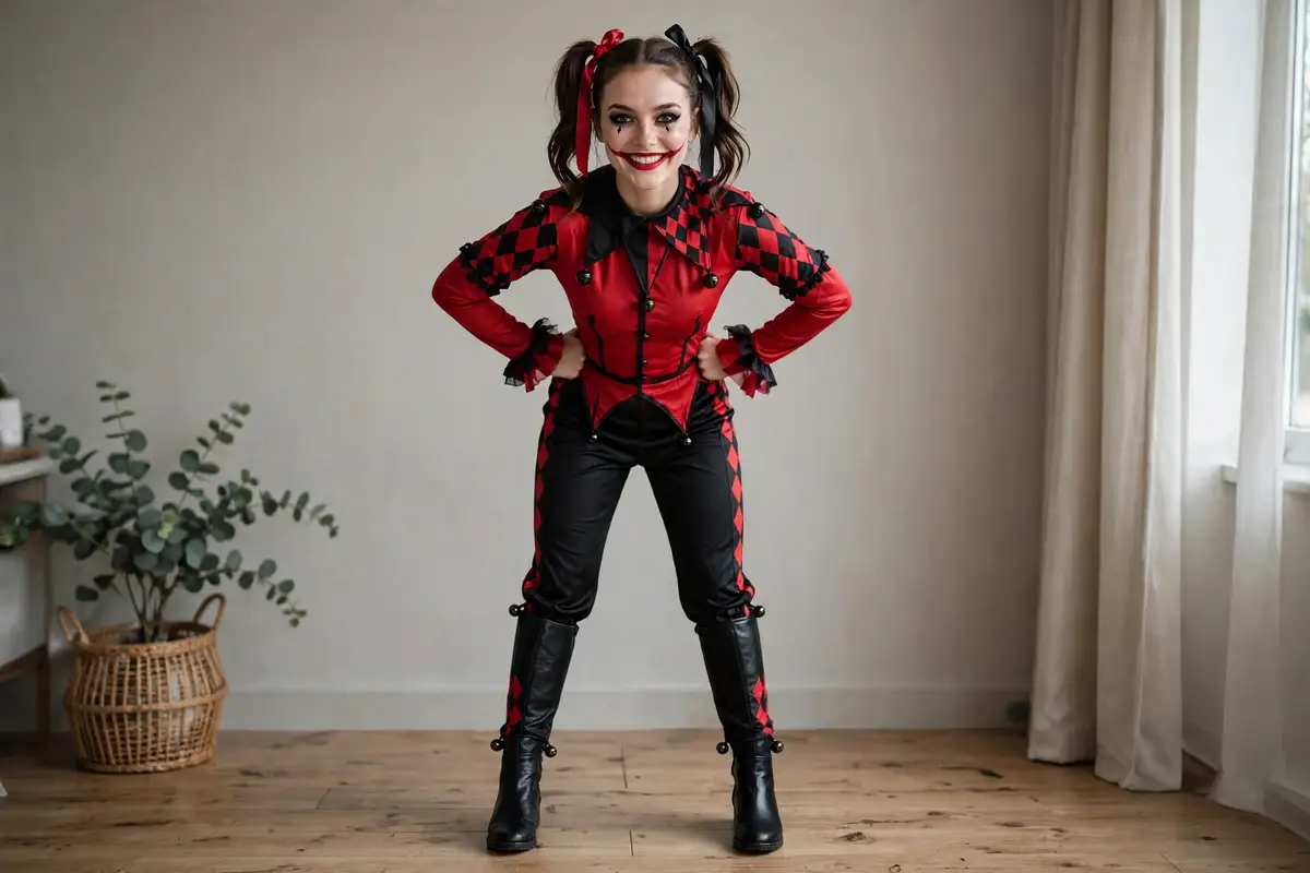 DIY jester villainess costume built from red top, black bottoms, and red and black non-toxic face paint