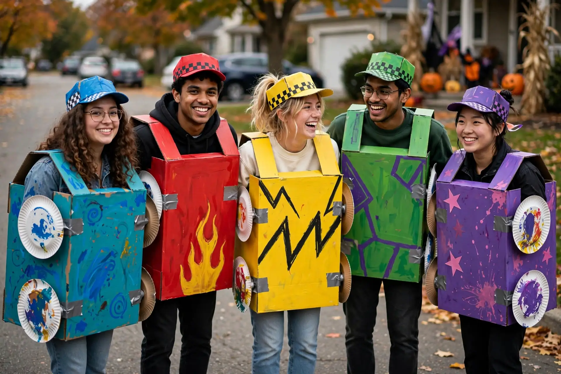 DIY kart racers costume built from large cardboard box, 1 per racer, big, red, blue, green and yellow paint, and paper plates for wheels
