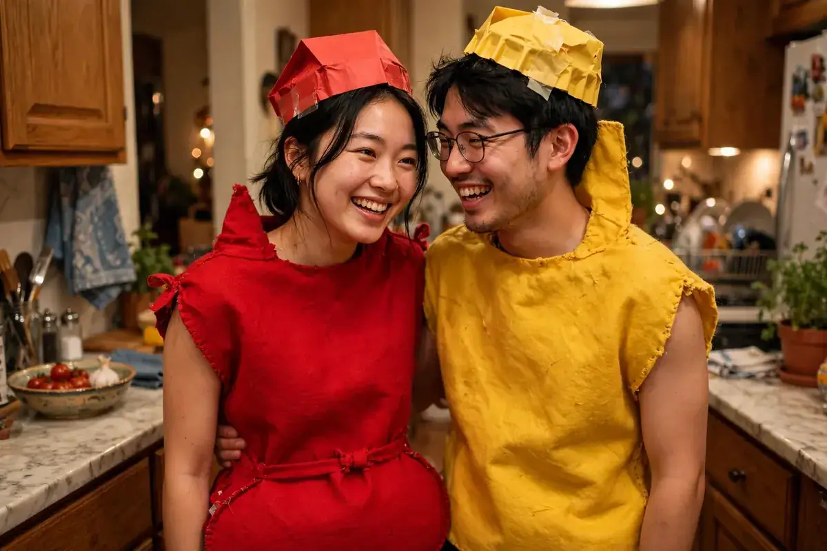 DIY ketchup & mustard costume built from red t-shirt, red felt or construction paper, and yellow felt or construction paper