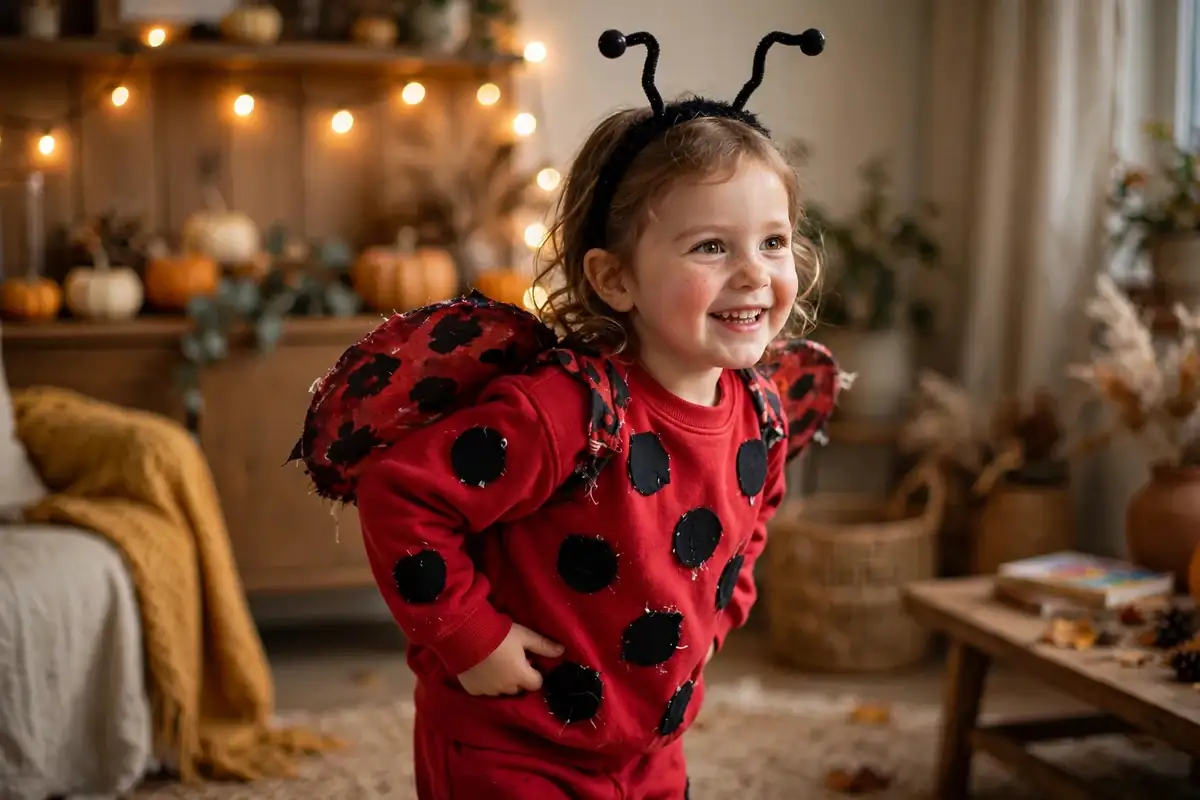 DIY ladybug costume built from red shirt, black pants, and black felt for dots