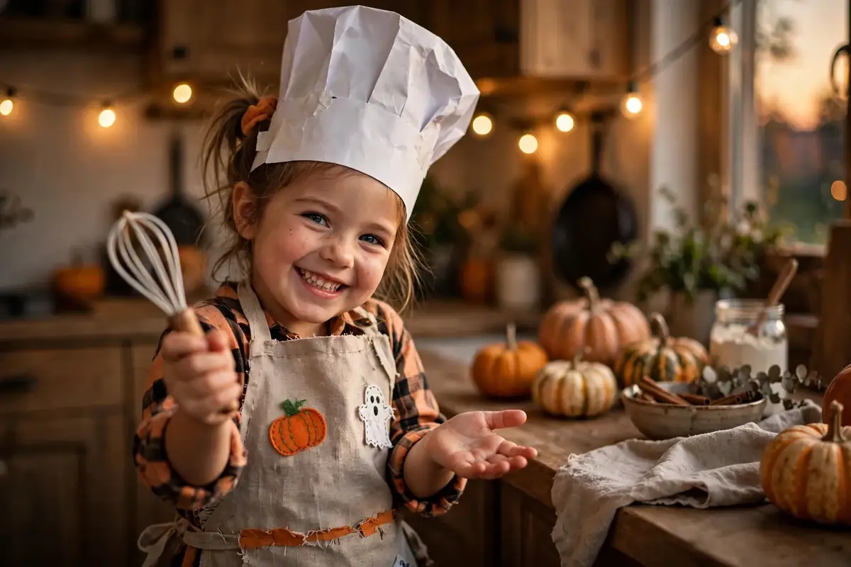 DIY little baker costume built from white paper or poster board, apron, and toy whisk