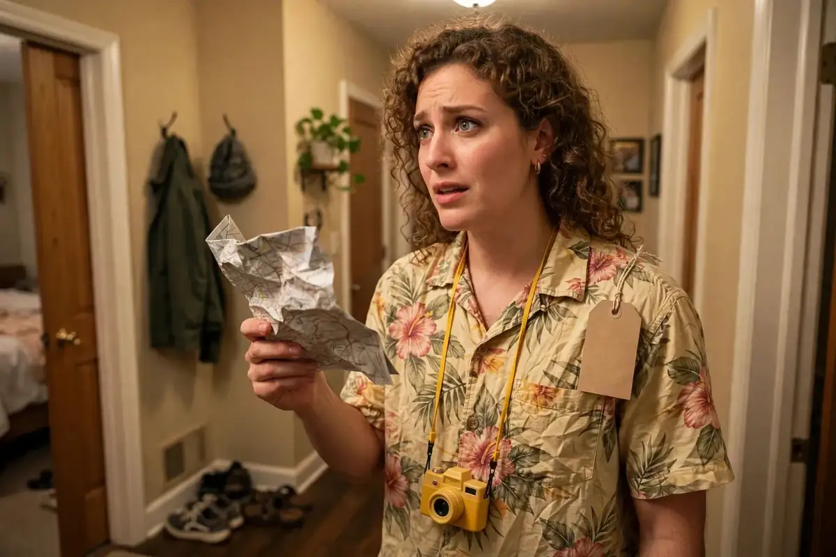 DIY lost tourist costume built from button-down shirt, sunglasses and camera or phone on, and paper map