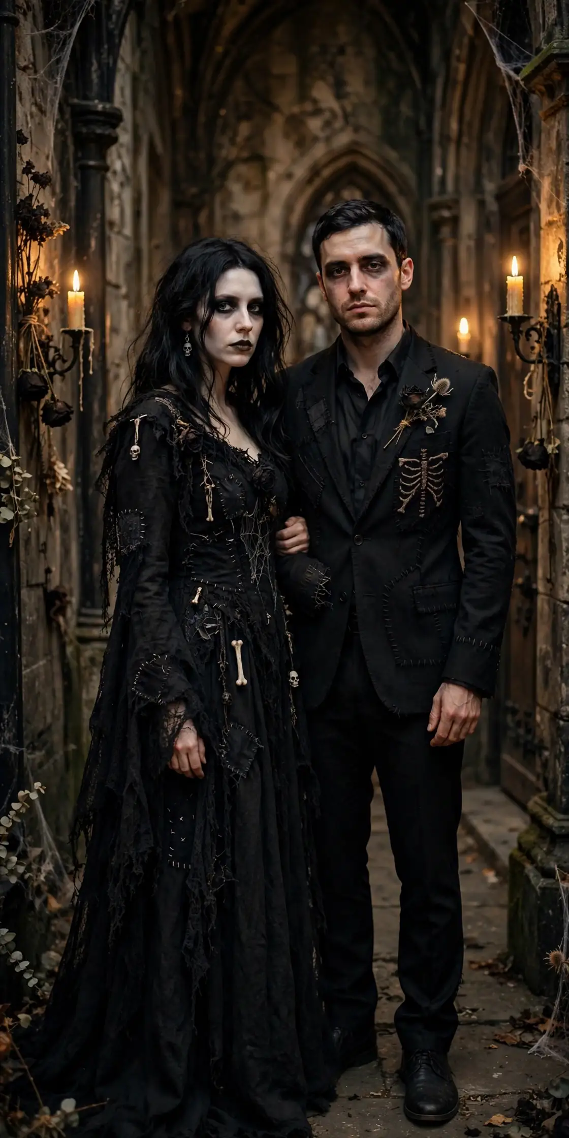 DIY macabre goth couple costume built from long black dress or gown, black wig or black hair dye, and pale foundation
