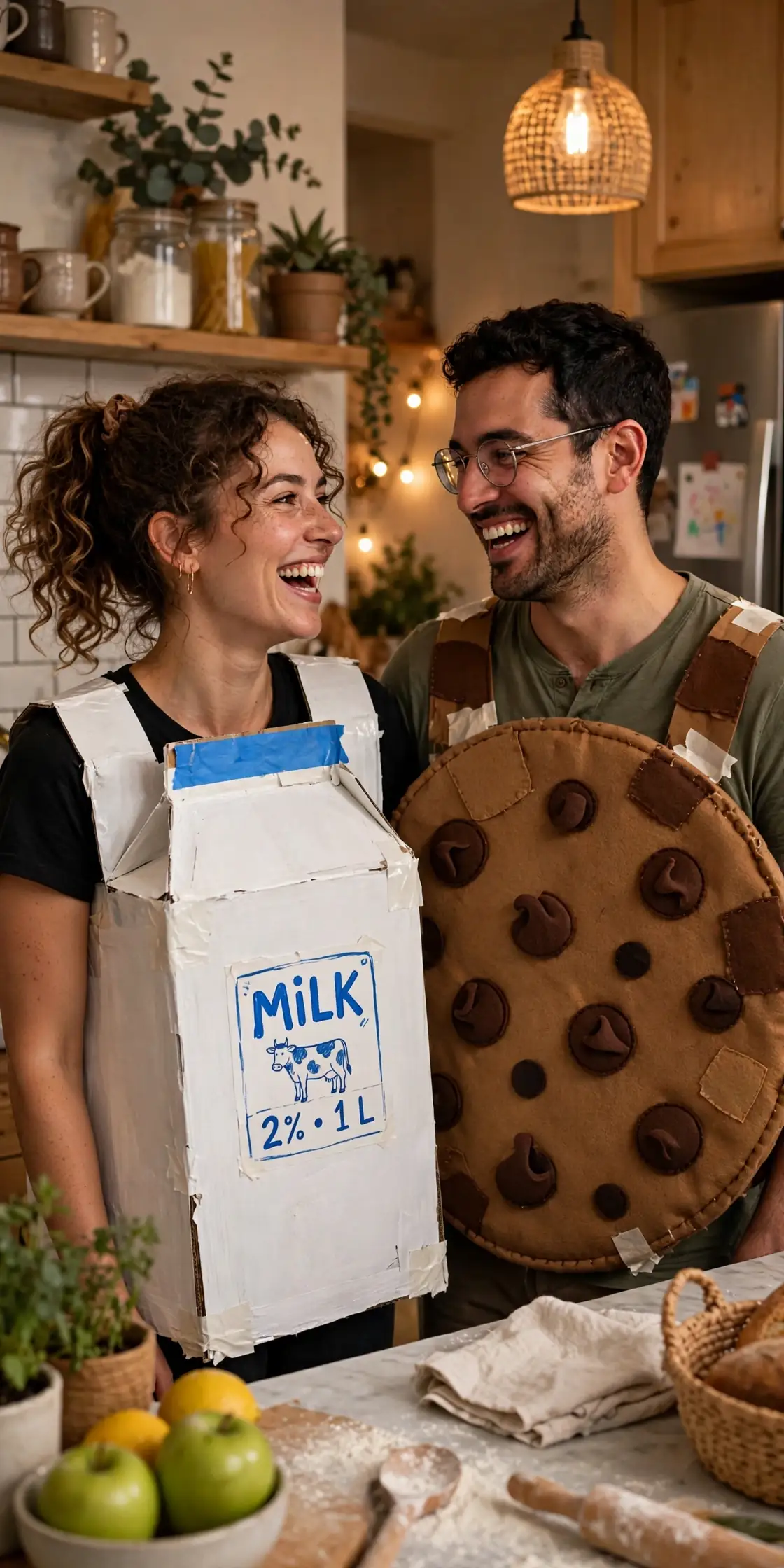 DIY milk & cookies costume built from white t-shirt or tunic, brown t-shirt or tunic, and white craft felt