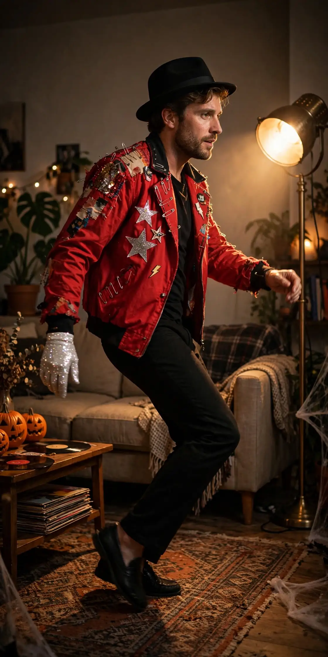 DIY moonwalking pop star costume built from red jacket, black pants, and white glove