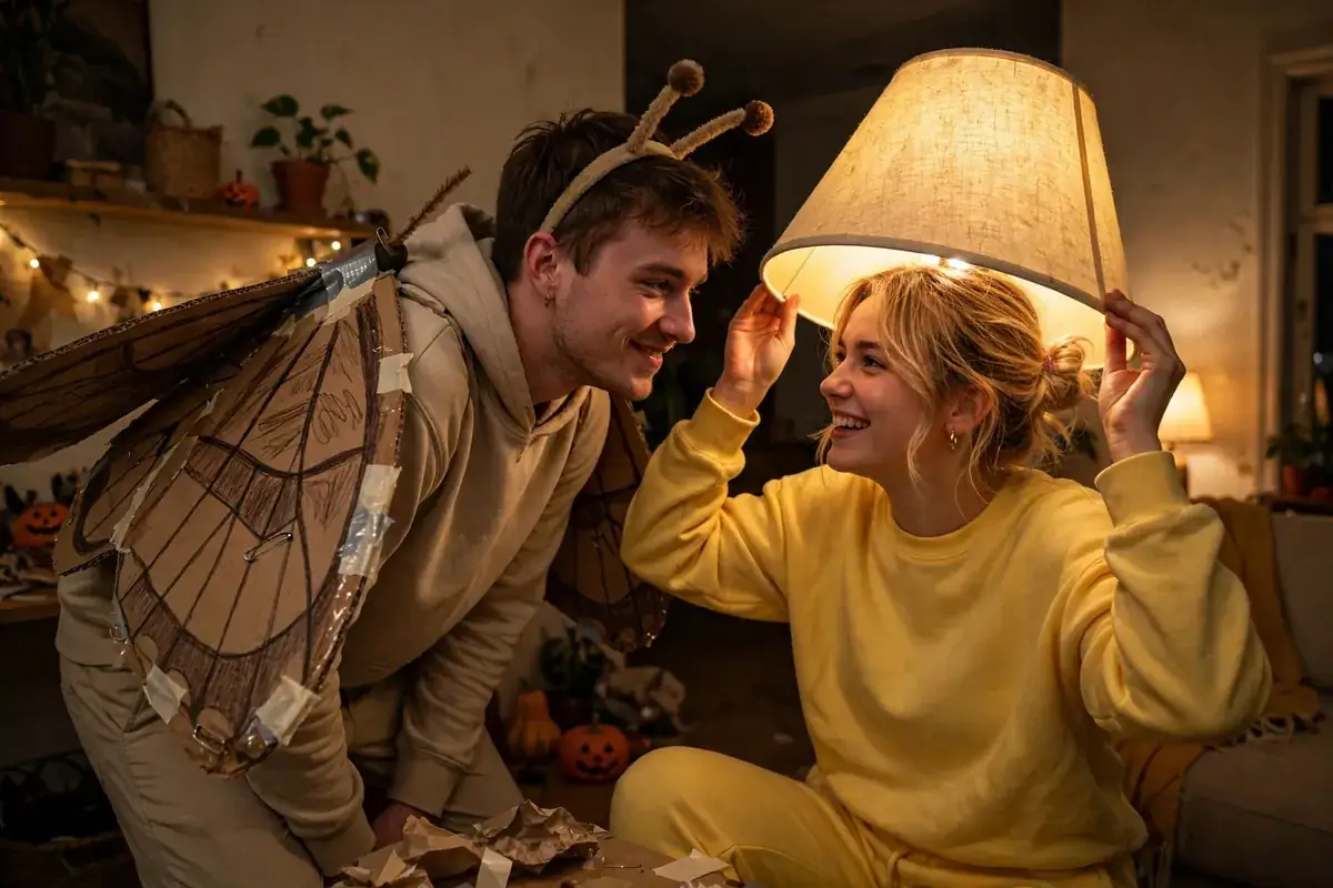 DIY moth and porch light costume built from neutral shirt and pants in gray, brown, large cardboard box, and brown and tan markers or paint