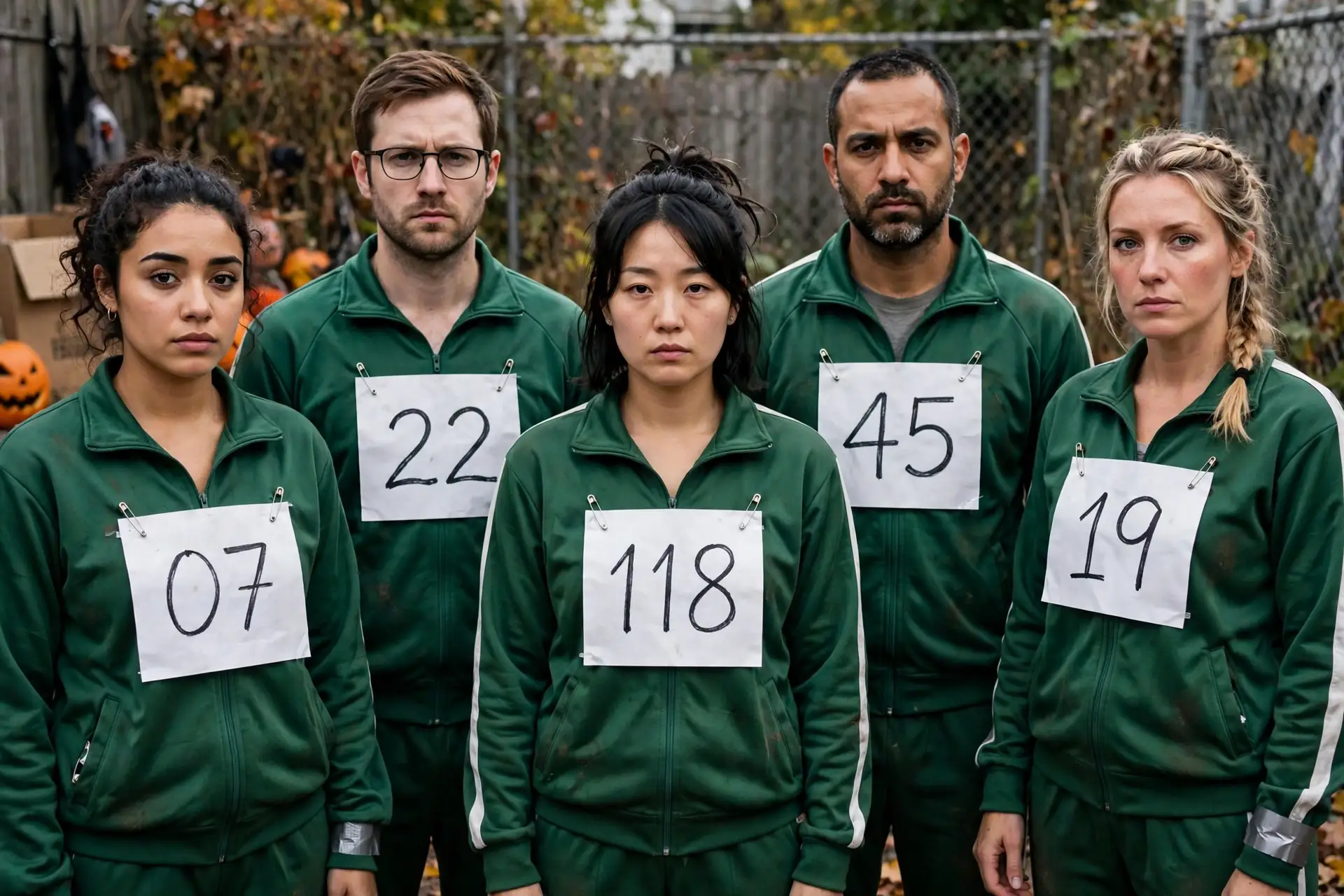 DIY numbered players costume built from green sweatsuit per person and white t-shirt per person