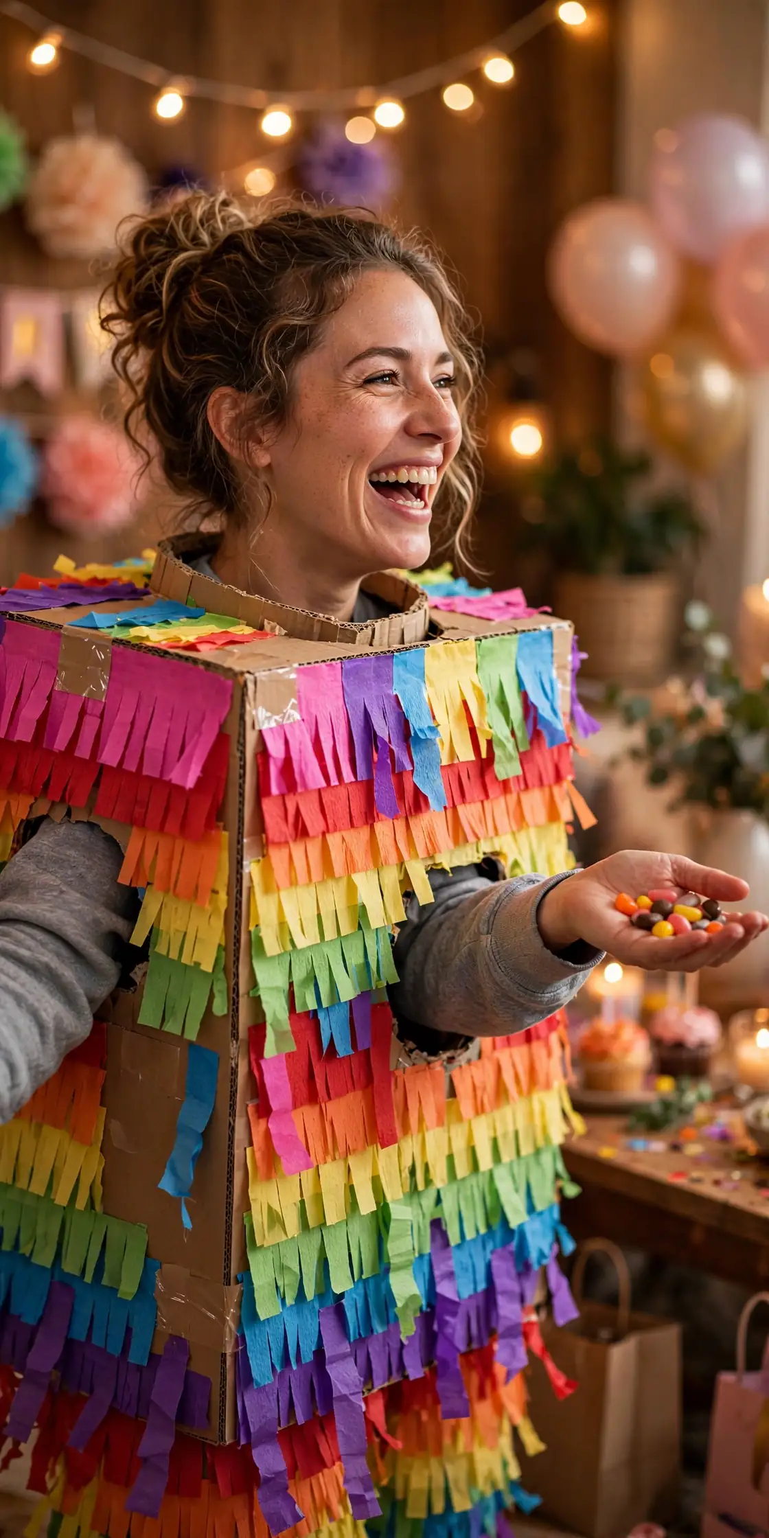DIY party pinata costume built from cardboard box, crepe paper in rainbow colors, and wrapped candy