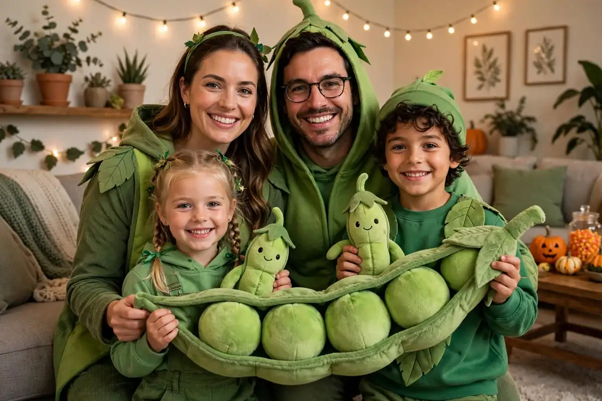DIY peas in a pod costume built from green t-shirts, green felt, and green fabric paint