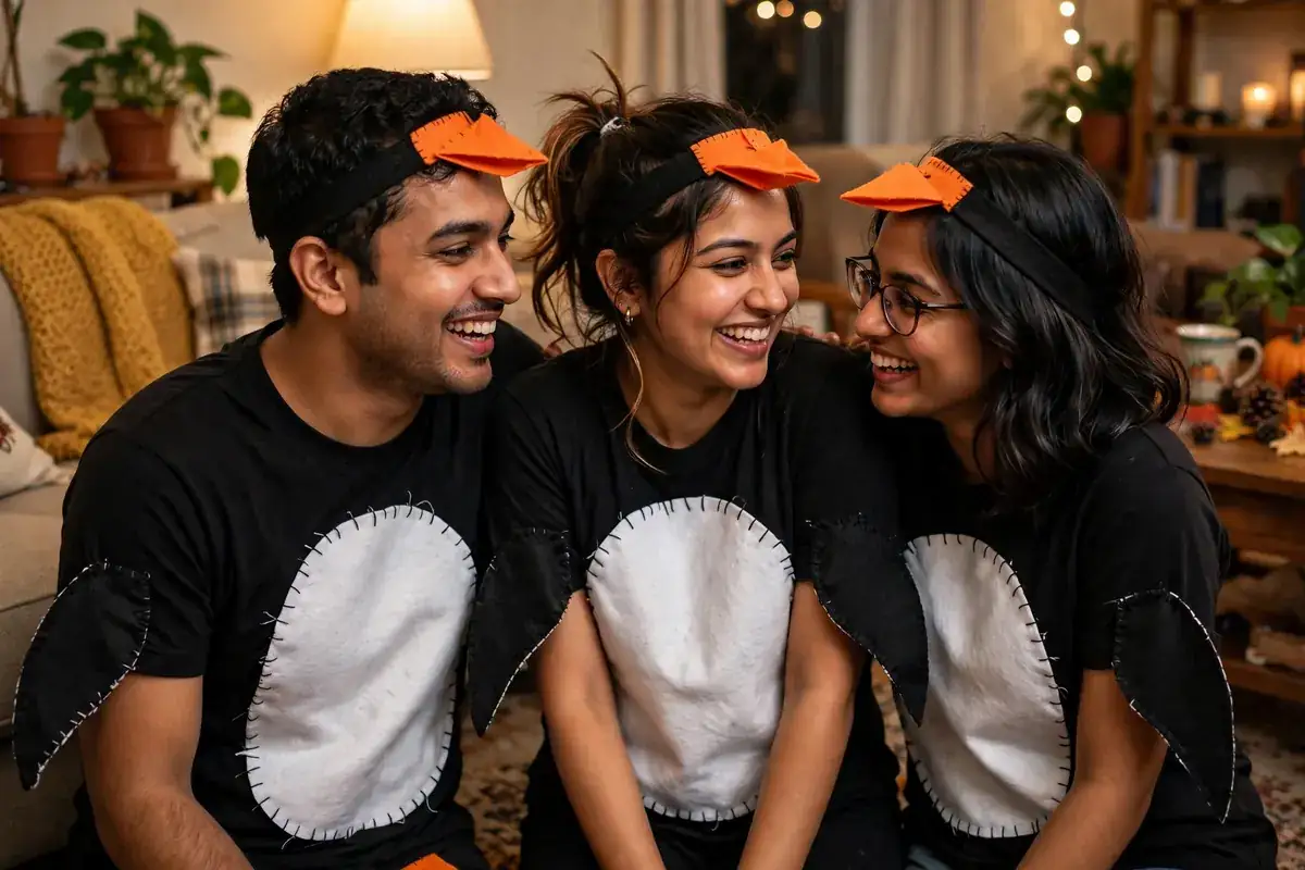 DIY penguin huddle costume built from black long-sleeve shirts, white felt, and orange felt