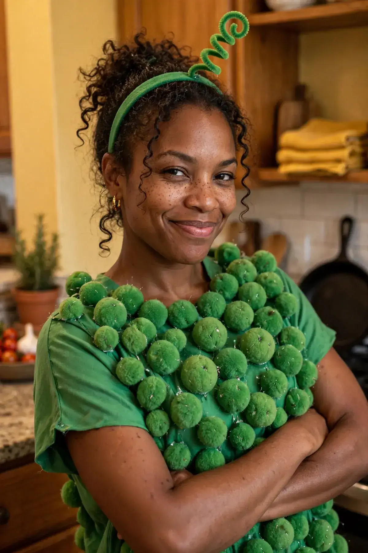 DIY pickle costume built from green tunic or oversized green t-shirt, green bubble wrap or green pom-poms, about, and fabric glue