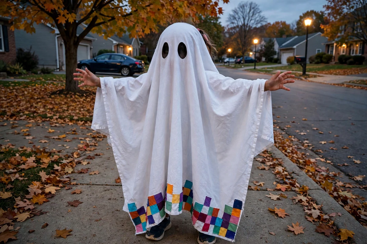 DIY pixel ghost costume built from white bedsheet or white fabric, black felt, and fabric glue