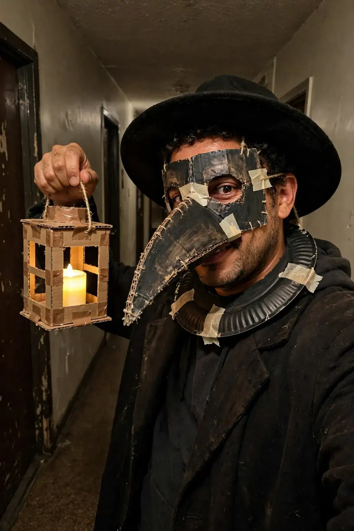DIY plague doctor costume built from long black coat or black robe, wide-brim black hat, and black half mask or sunglasses